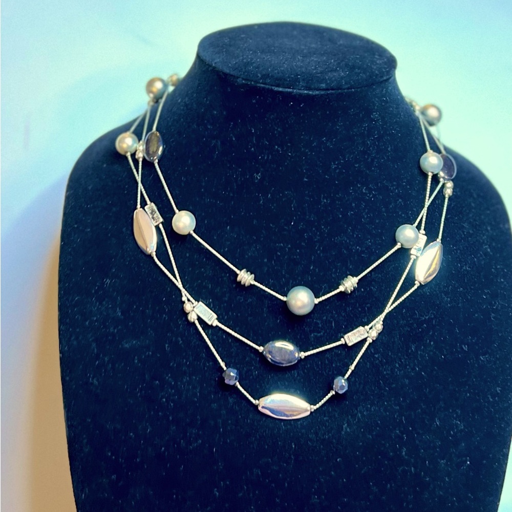 Vintage 3 Tier Silver Metal & Glass Beaded Necklace